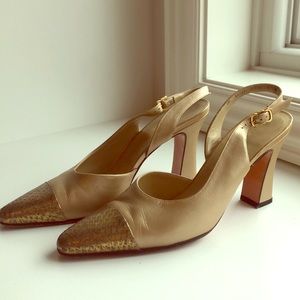 Salvatore Ferragamo Shoes - Ferragamo Gold Leather/Snakeskin Slingback Heels Salvatore Ferragamo Shoes - Ferragamo Gold Leather/Snakeskin Slingback Heels